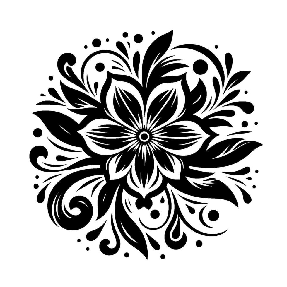 Intricate Black and White Floral Mandala with Delicate Petals, Leaves, and Swirls, Symmetrical and Ornamental on White Background vector