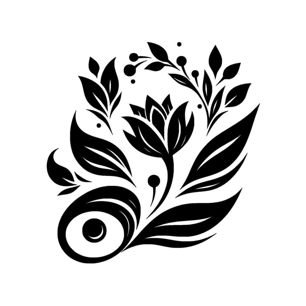 Elegant black and white floral with stylized flower, leaves, and berries in symmetrical composition, set against a clean white backdrop. vector