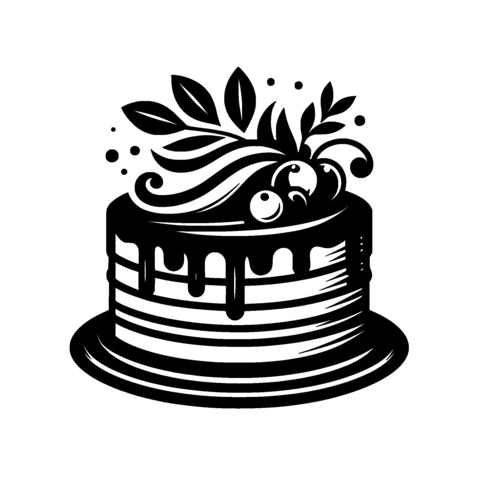 Elegant Black and White Illustration of a Layered Cake with Foliage and Drizzling Chocolate. vector