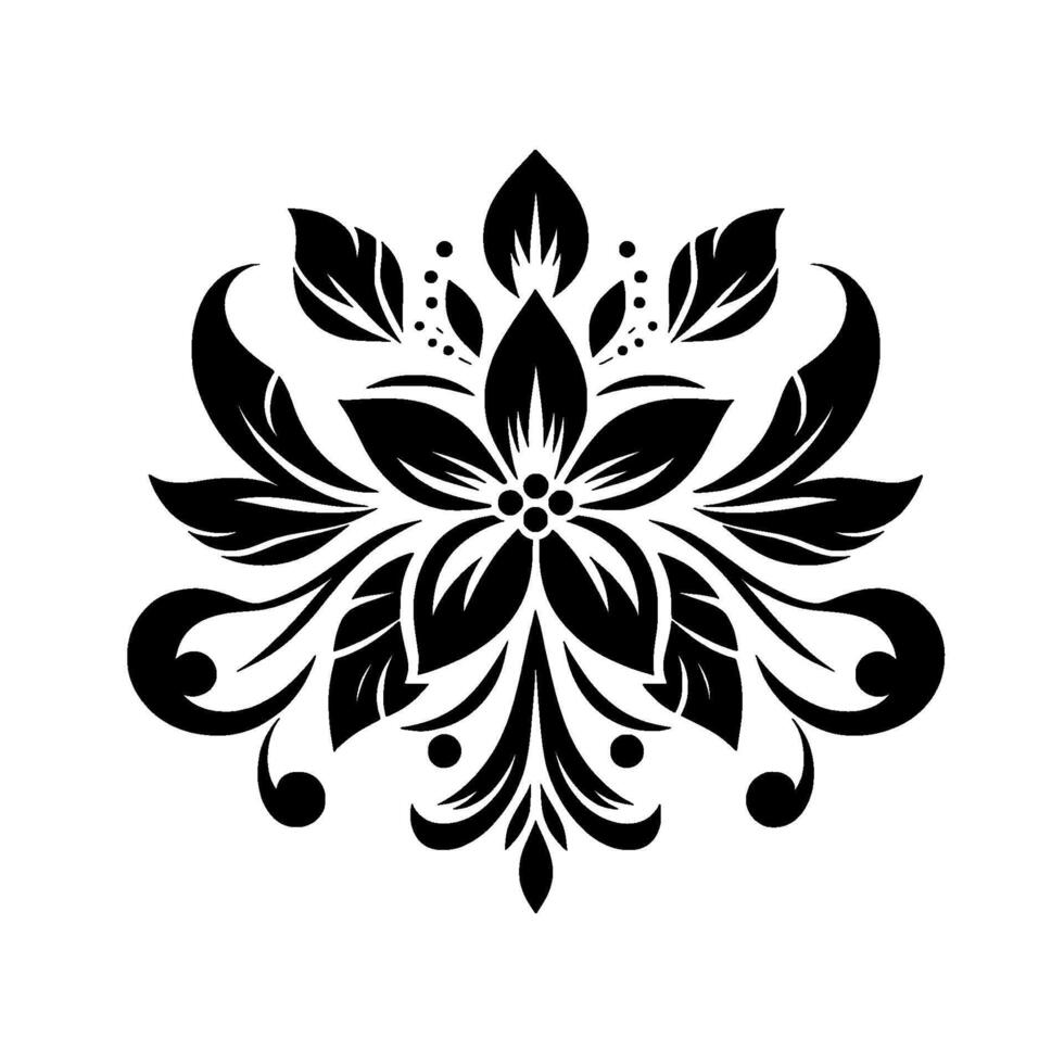 Symmetrical floral in bold black, featuring intricate leaves, curls, and delicate dot accents set against a clean white backdrop. vector