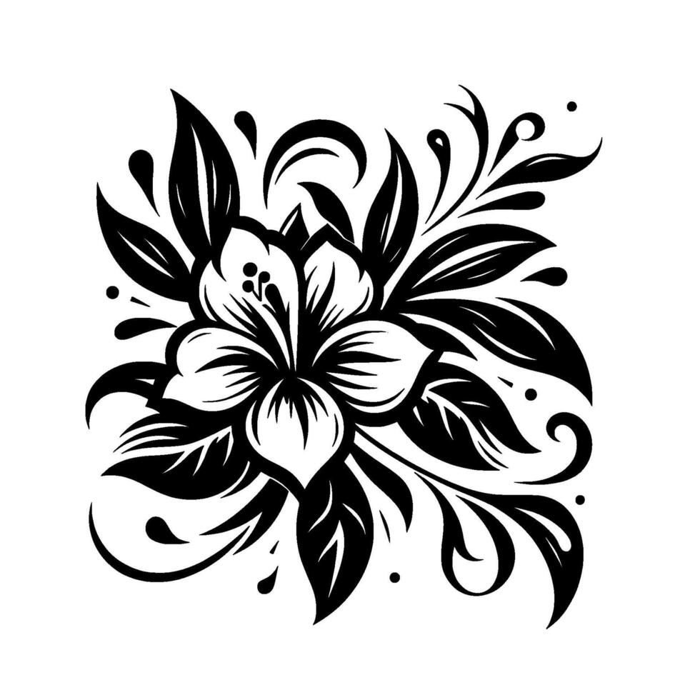 Intricate Black and White Floral A Detailed Illustration of a Blooming Flower with Leaves, Curlicues, and Decorative Elements, Featuring a Symmetrical Composition on a White Background. vector