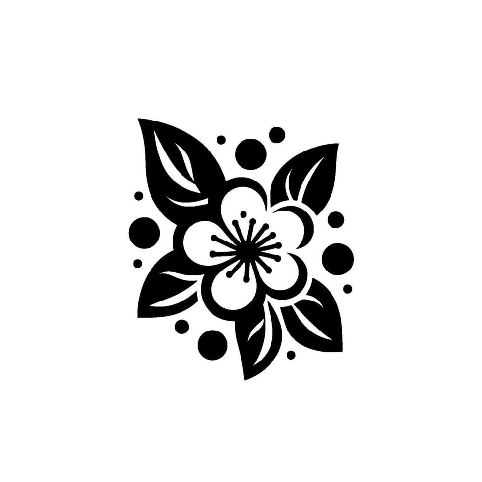 Stylized Black and White Floral with Leaves and Dot Accents on a Clean White Background, Perfect for Minimalist Aesthetics. vector