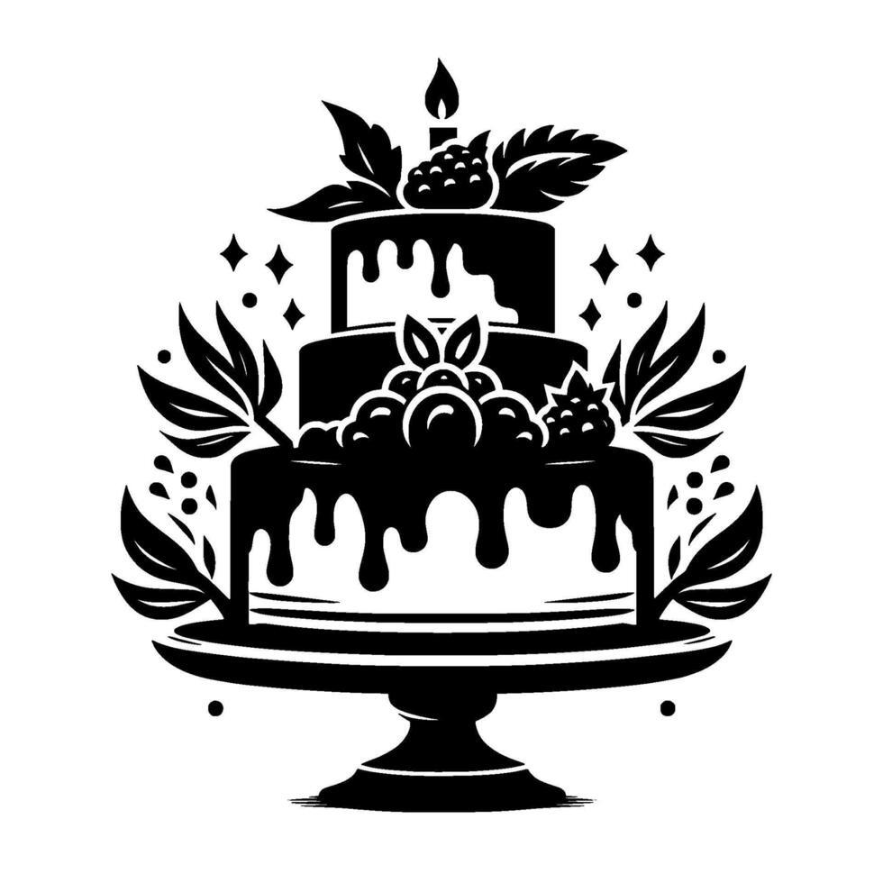 Threetiered black and white birthday cake with dripping frosting, berries, leaves, stars and a single lit candle. vector