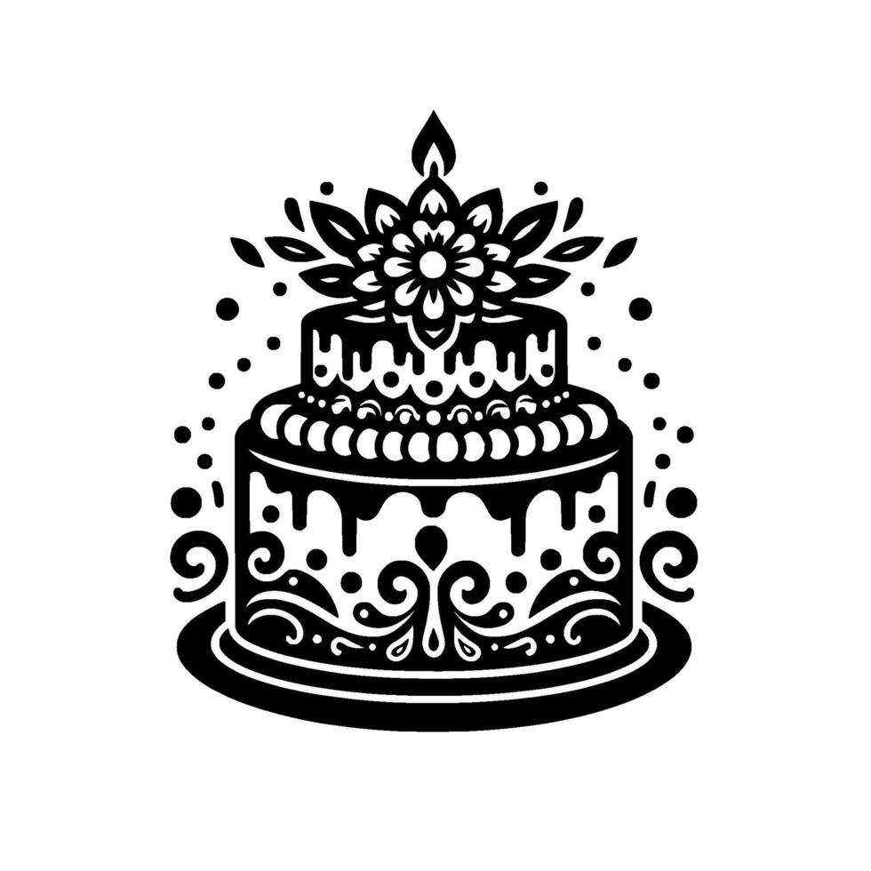 Intricate twotiered cake illustration with floral topping and decorative accents, rendered in a bold black and white style. vector