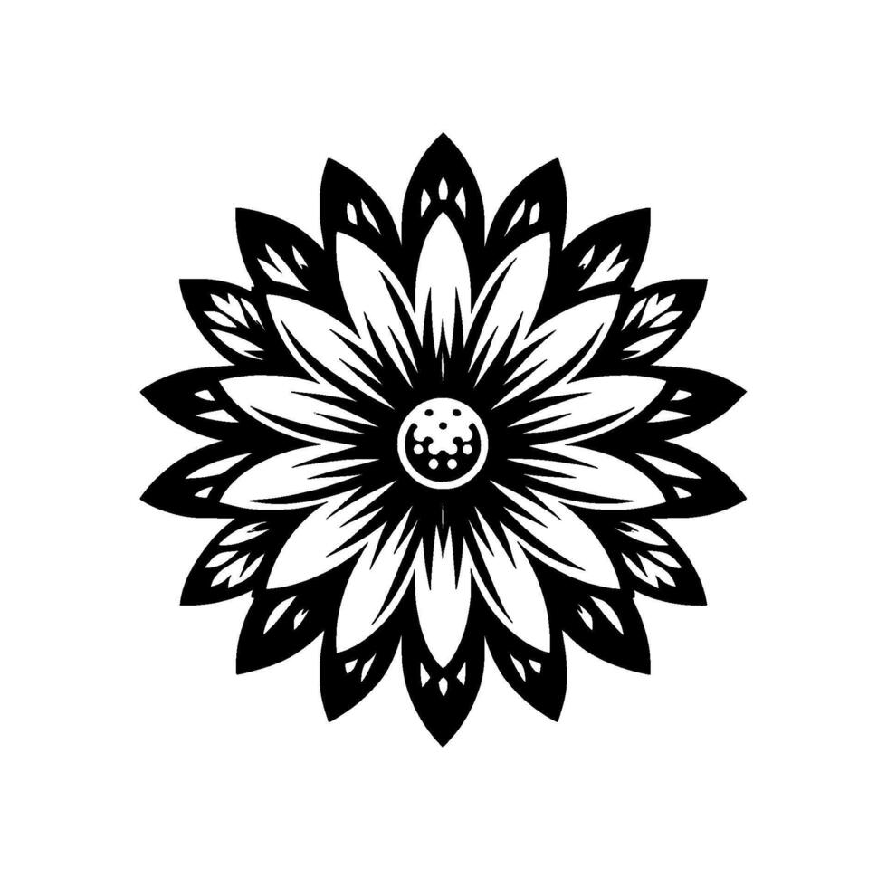Symmetrical Floral Mandala A bold, black and white depiction of a stylized sunflower, with intricate petal detailing, centered on a pure white background. vector
