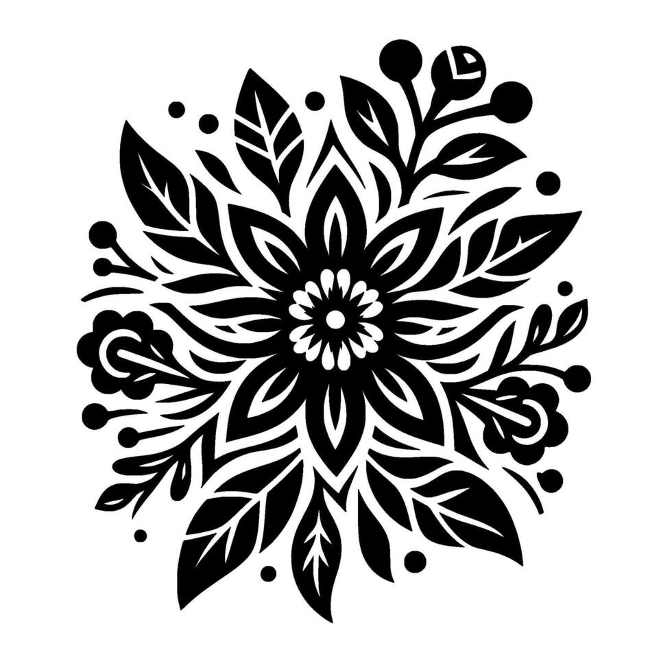 Detailed black and white floral with symmetrical petals, leaves, berries, and a central flower, on a white background. vector