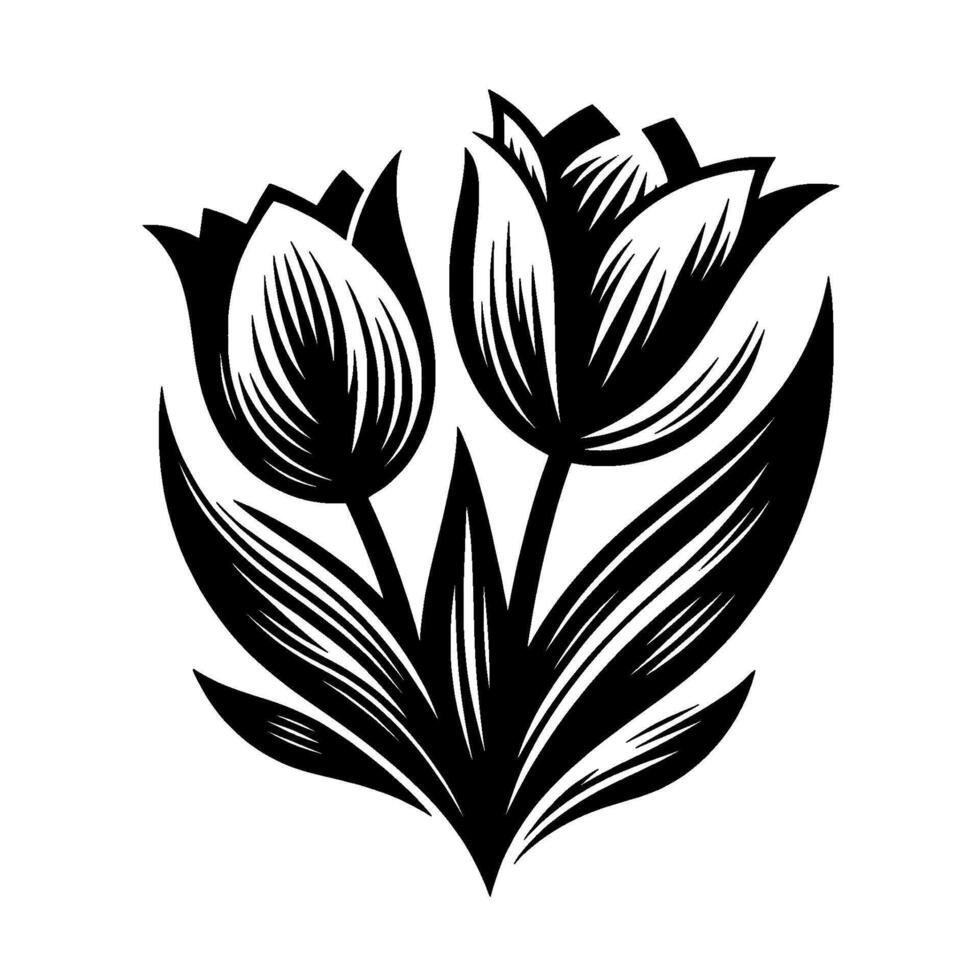Stylized Black and White Tulip Floral with Intricate Line Details and Leaf Arrangement on White Background. vector
