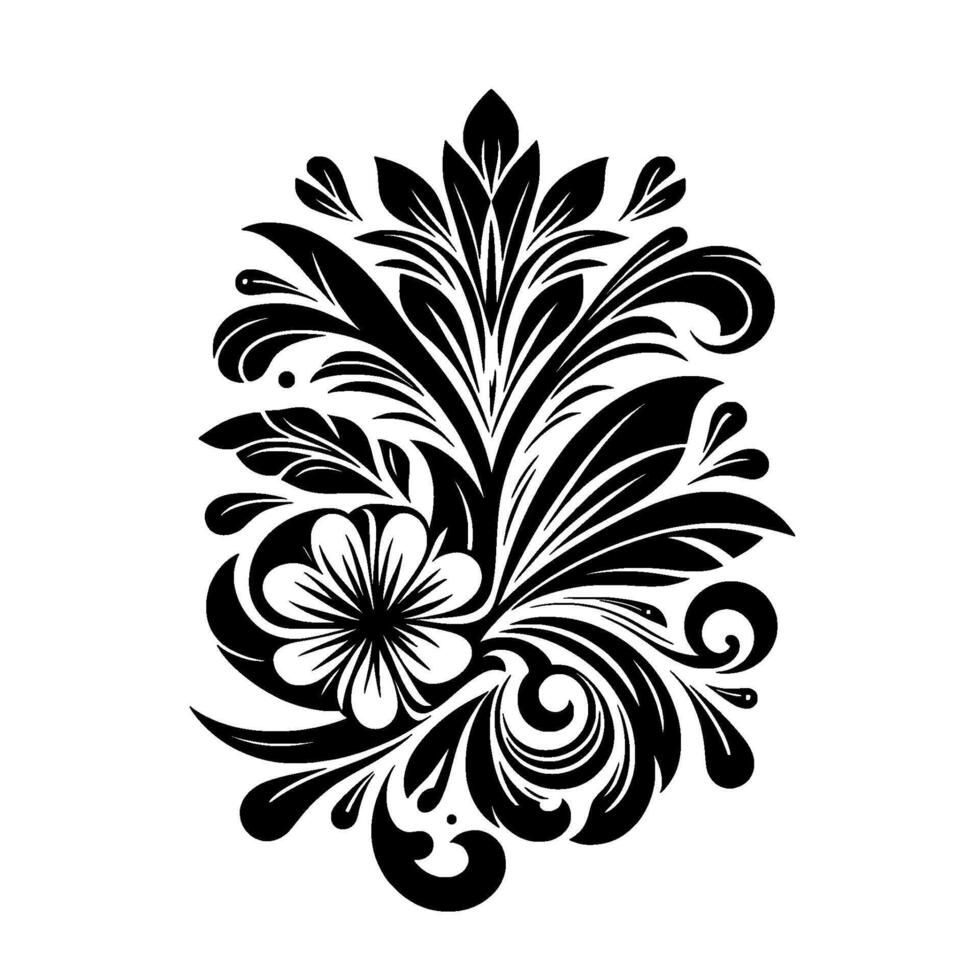 Intricate Floral and Foliage Pattern in Bold Black and White, Featuring a Central Flower, Swirls, and Leafy Designs, on a Clean White Background. vector