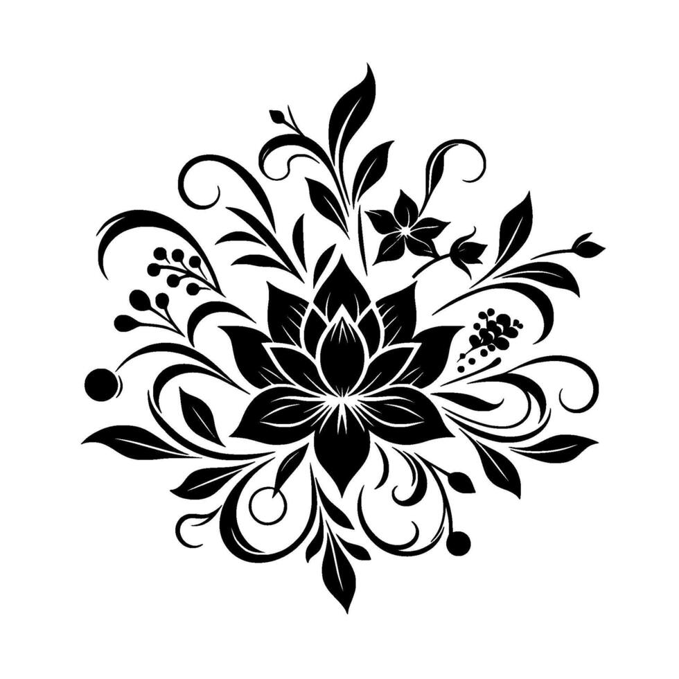 Elegant Black and White Floral A Symmetrical Arrangement of Flowers, Leaves, Berries, and Curvilinear Elements on a White Background. vector