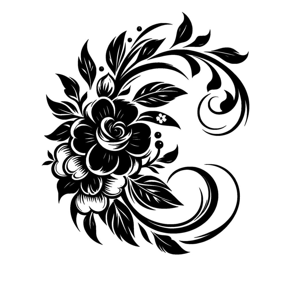 Elegant Black and White Floral A symmetrical composition of detailed roses, leaves, and swirling accents creating a sophisticated and ornamental artistic flourish. vector