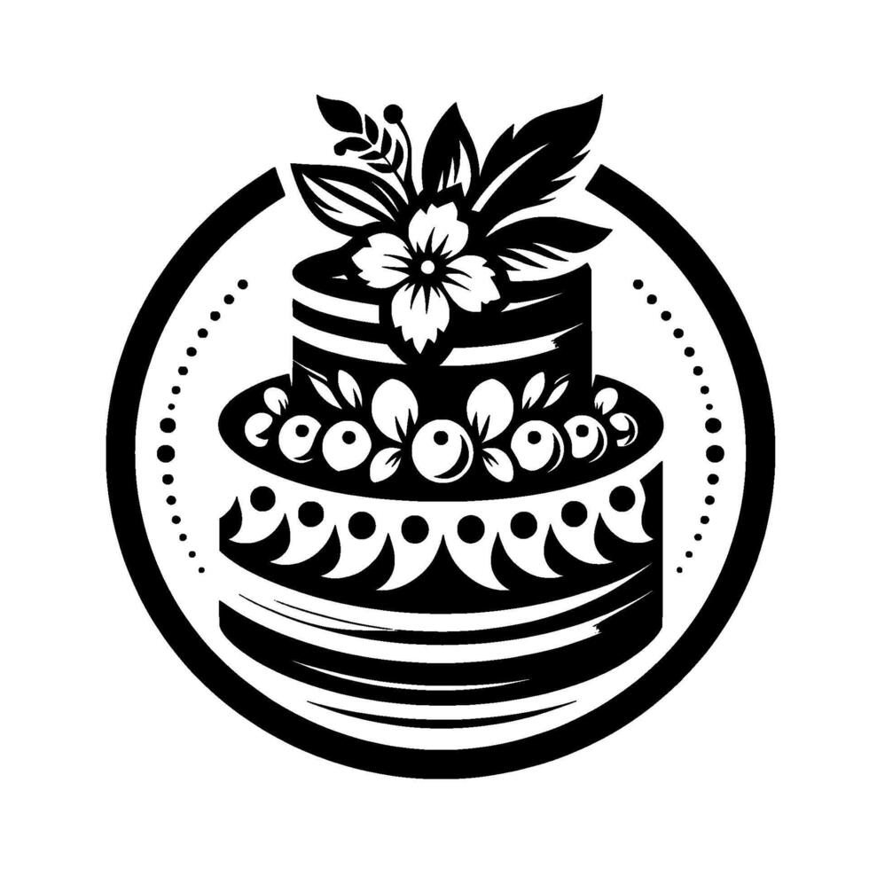 Decorative twotiered cake illustration within a black circular frame, featuring floral and berry accents. vector