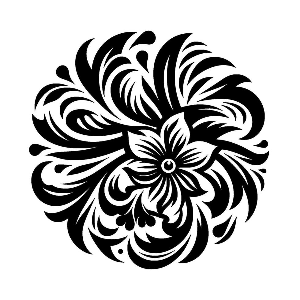A Bold Black and White Floral Mandala with Intricate Swirls and Petal Designs, Centered on a White Backdrop. vector