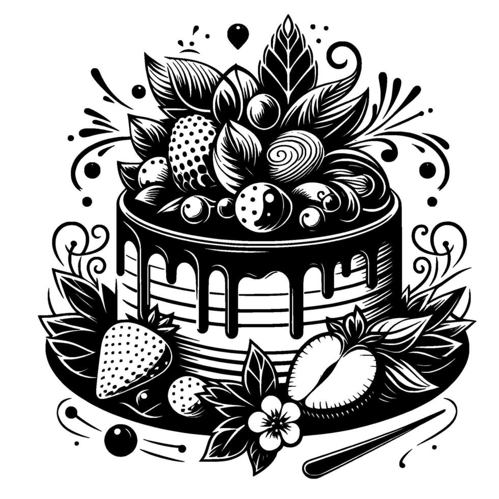 Elegant Black White Illustration of a Layered Cake Adorned with Berries, Leaves, and Delicate Swirls, Perfect for Celebration vector