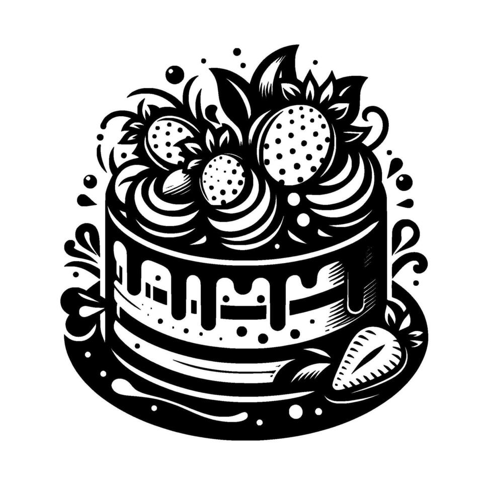 Stylized Monochrome Illustration of a Layered Cake, Decorated with Strawberries, Leaves, Drizzling Chocolate, and a Strawberry Slice on Plate. vector