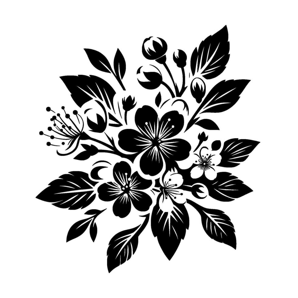 Elegant, symmetrical black and white floral illustration featuring detailed cherry blossoms, buds, leaves, and delicate petal arrangements, isolated on a white background. vector