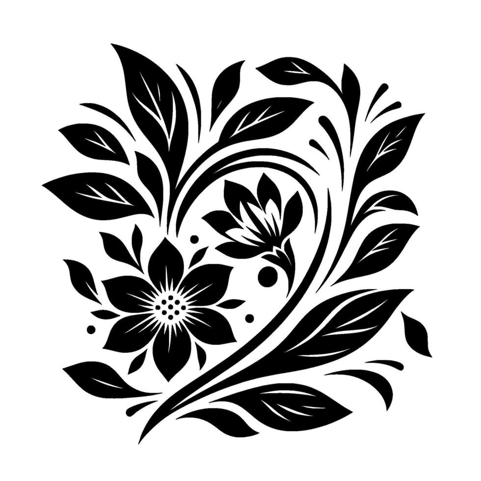 Elegant Black and White Floral Arrangement, Featuring Two Flowers, Lush Leaves, and Curvilinear Vines on a Clean White Background. vector