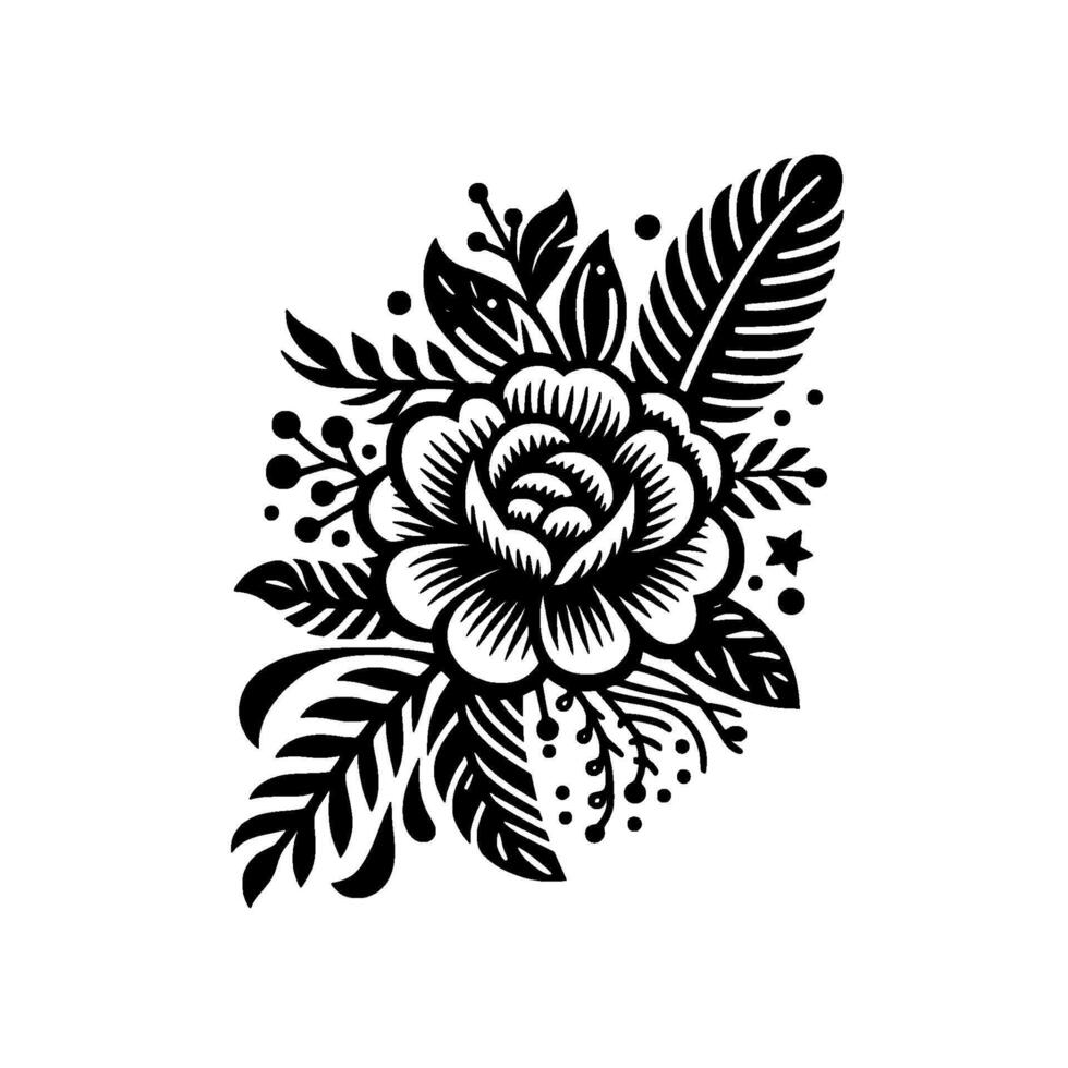 Intricate Black and White Floral , a stylized rose composition with leaves and berries, elegant and detailed on a clean white background. vector