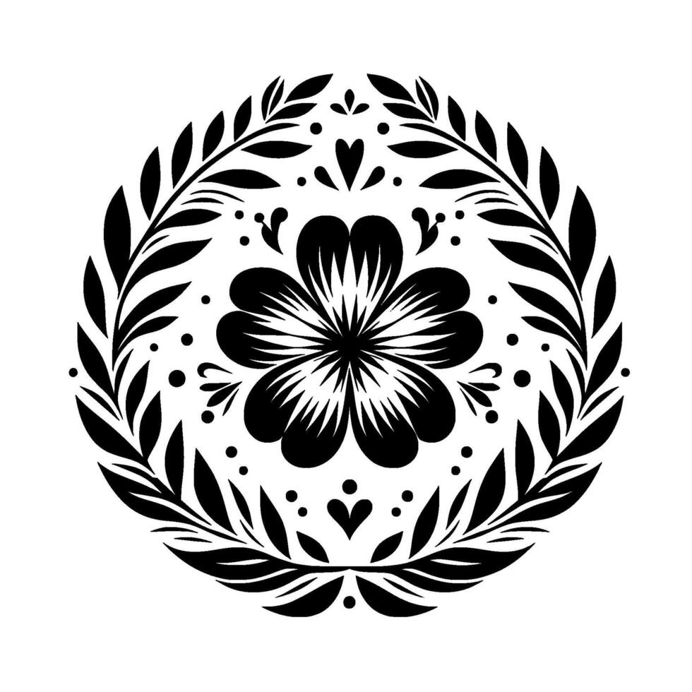 Elegant black and white floral mandala , featuring a central fourpetal flower encircled by a leafy wreath, hearts and dot accents. vector
