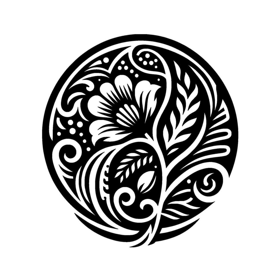 Intricate black and white circular floral , featuring a large bloom, leaves, and ornamental patterns, evoking elegance. vector