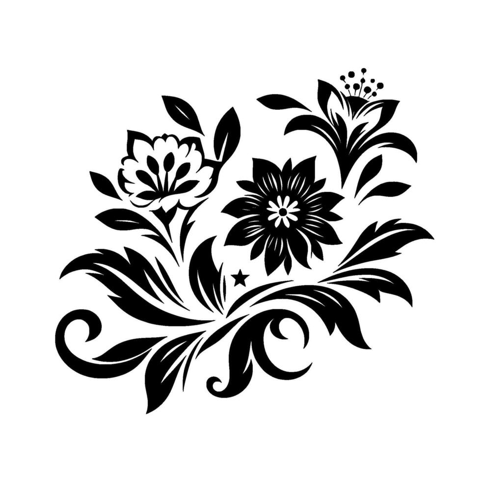 Intricate Floral in Black and White A symmetrical composition with three stylized flowers, leaves, and decorative flourishes. vector
