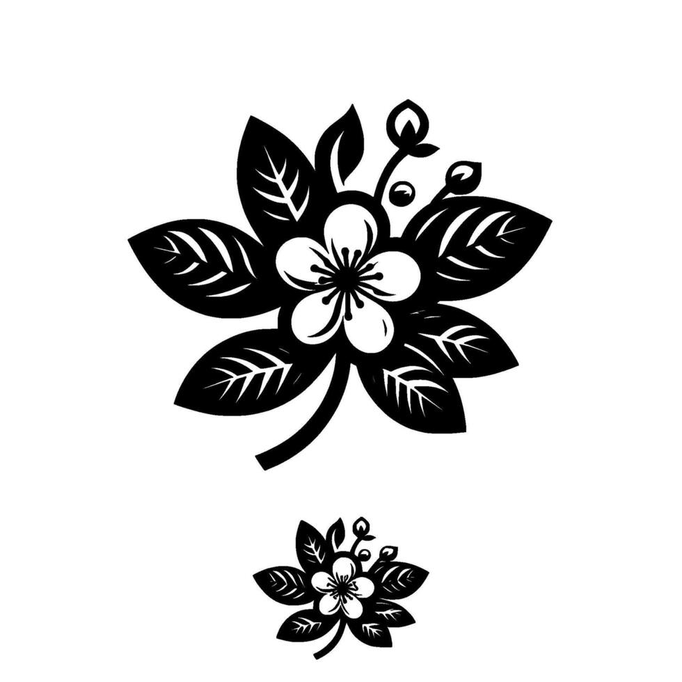 Elegant Black and White Floral Featuring a Large Blossom with Surrounding Leaves, and a Smaller Repeating Motif. vector