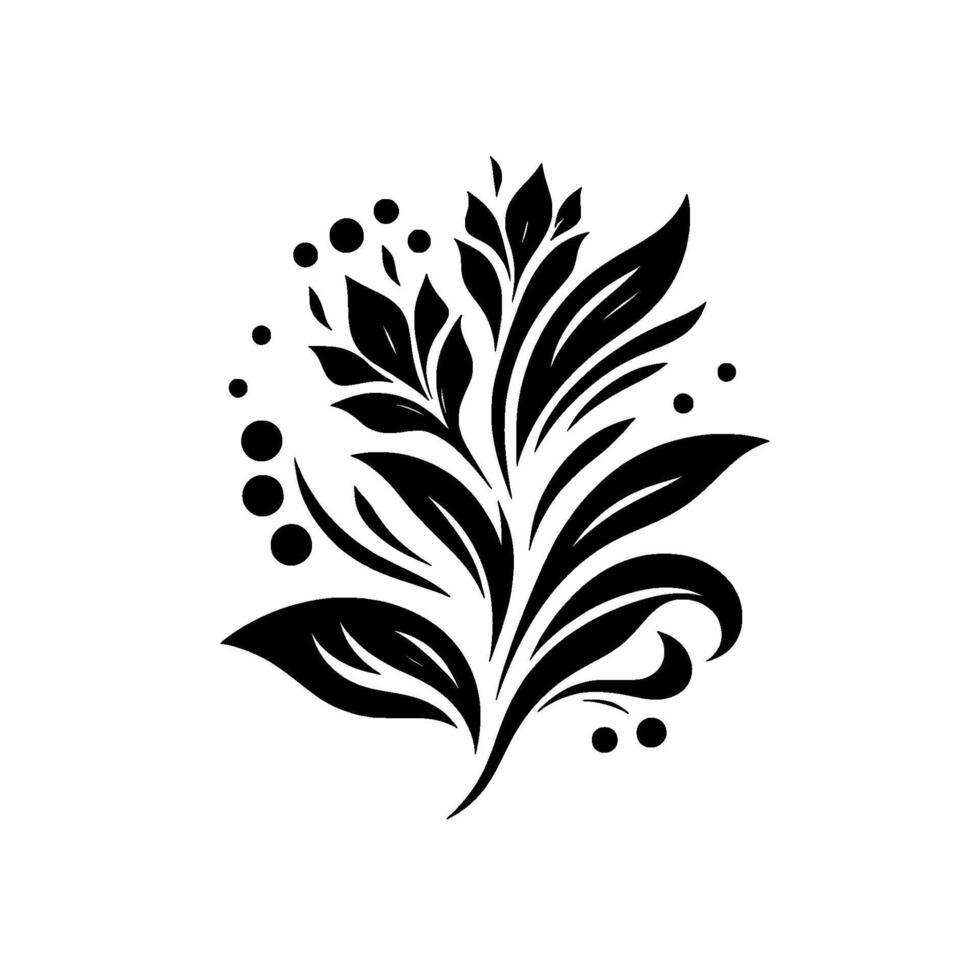 A minimalist black and white floral , featuring stylized leaves and dots against a plain white background. vector