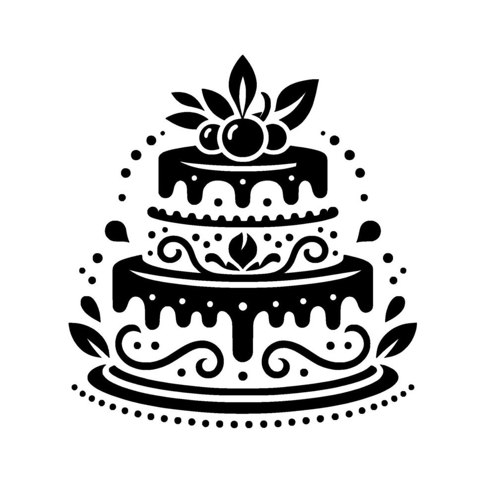 Elegant twotiered cake illustration with dripping chocolate frosting, cherry and leaf decorations, adorned with swirling details, set against a white backdrop in a symmetrical . vector