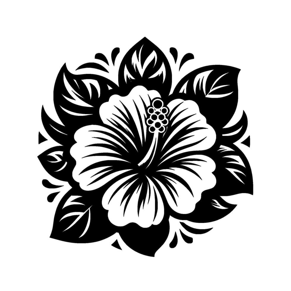 Bold Black White Hibiscus Illustration with Detailed Petals and Leaf Surround on a Clean White Background. vector