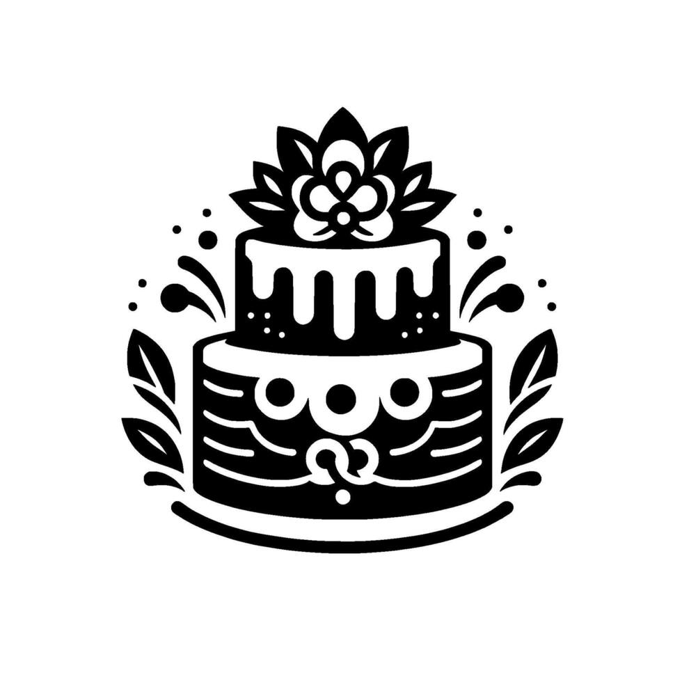 Intricate Black and White Illustration of a TwoTiered Cake Adorned with a Floral Topper and Decorative Foliage Elements. vector