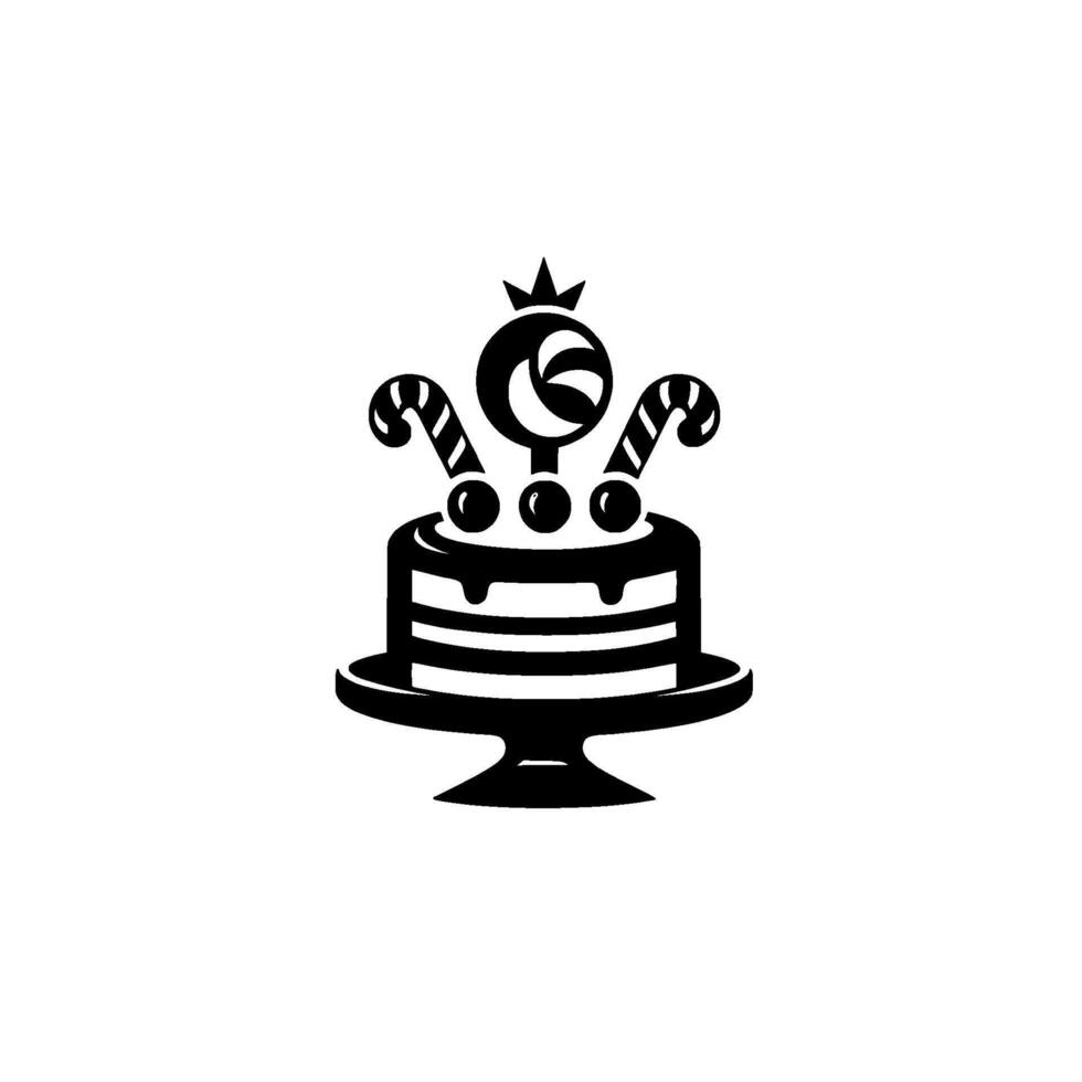 Minimalist Black and White Cake with Candy Canes, Cherry Sprinkles and Crown, on a Cake Stand in a Monochromatic Style. vector