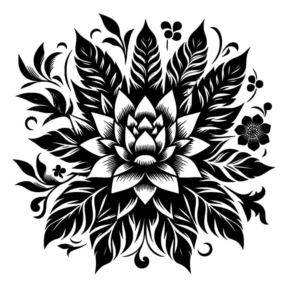 Intricate Black and White Floral Mandala Detailed symmetrical illustration of a flower with petals, leaves and decorative elements, on a white background. vector