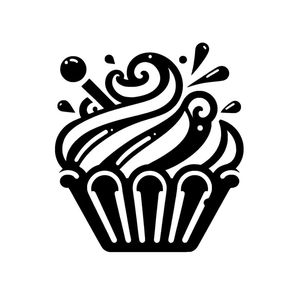 Striking Black and White Illustrated Cupcake with Swirled Frosting, Sprinkles, and Minimalist on a White Backdrop. vector