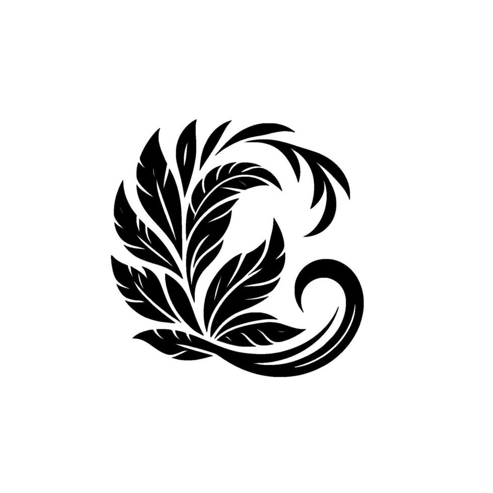 Black and White Flourish Intricate symmetrical with stylized leaves and a curved stem. vector