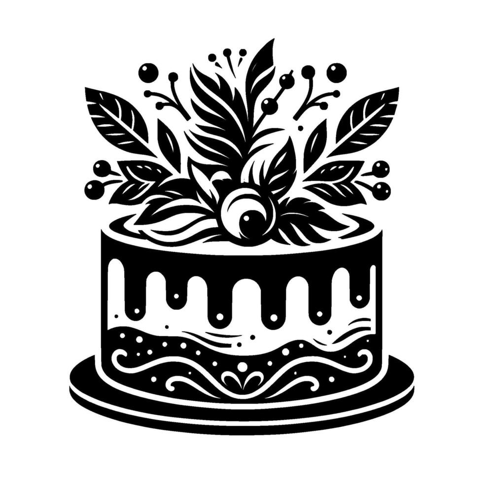 Elegant Black White Cake Illustration with Floral Topper and Decorative Dripping Frosting on a White Background. vector