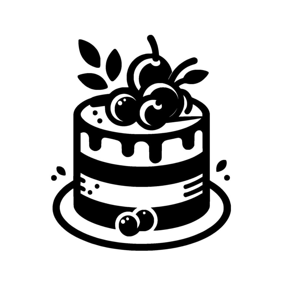 Minimalist Black and White Illustration of a Tiered Cherry Cake with Leaf Accents on a Plate. vector