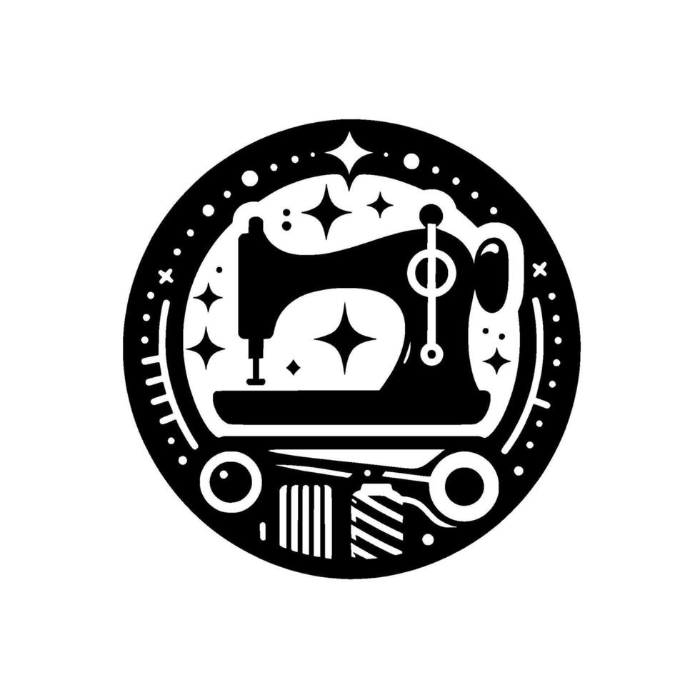 Circular black and white emblem features a sewing machine, stars, decorative stitches, and tailors scissors. vector