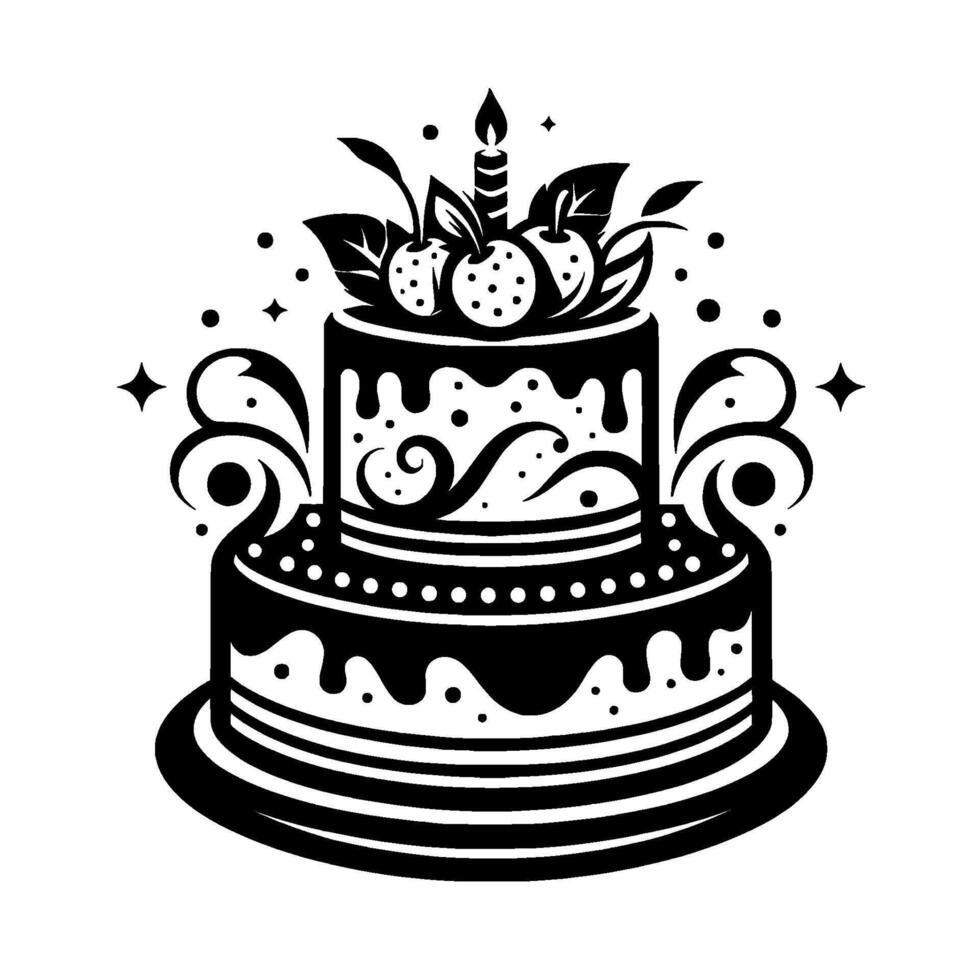 Elegant black and white twotiered birthday cake illustration, decorated with cherries, candle, swirls, and dots, evoking celebration. vector