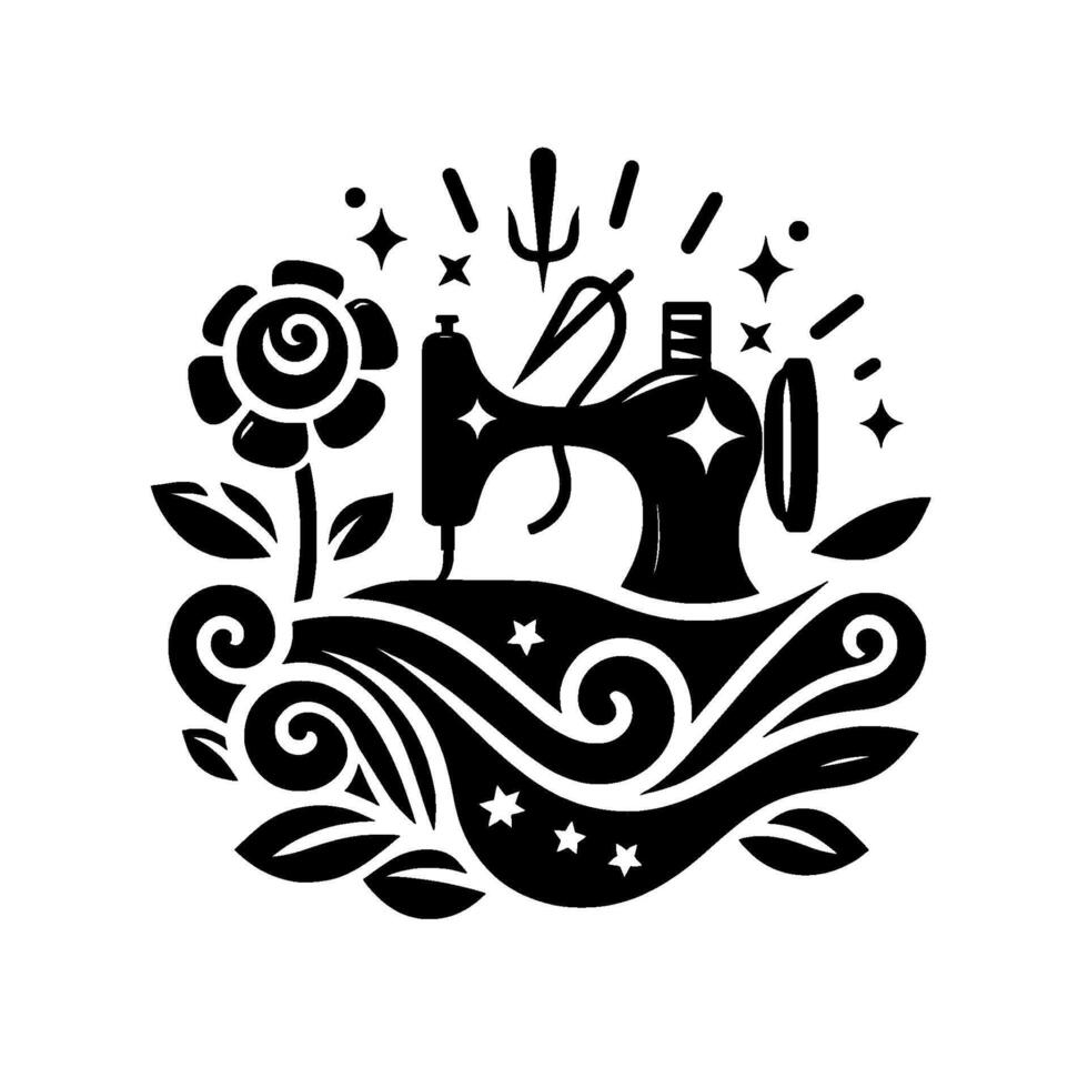A decorative black and white illustration of a sewing machine with a rose, leaves, stars, and swirling , symbolising creativity and craftsmanship. vector