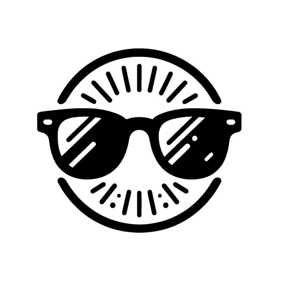 Black and white circular featuring sunglasses with a radiant sunburst and smiling curved bottom, minimalist aesthetic. vector