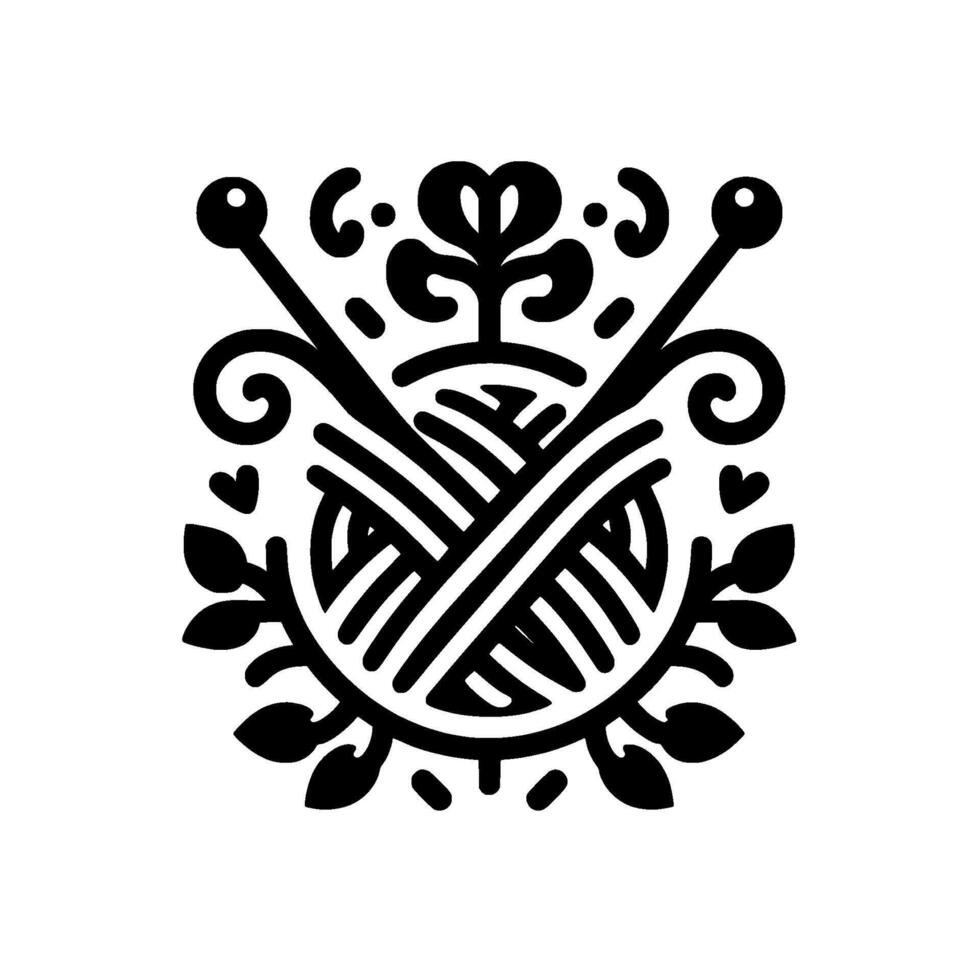 Intricate Black White Emblem of Yarn Ball, Knitting Needles, and Floral Embellishments, Representing Craftsmanship vector