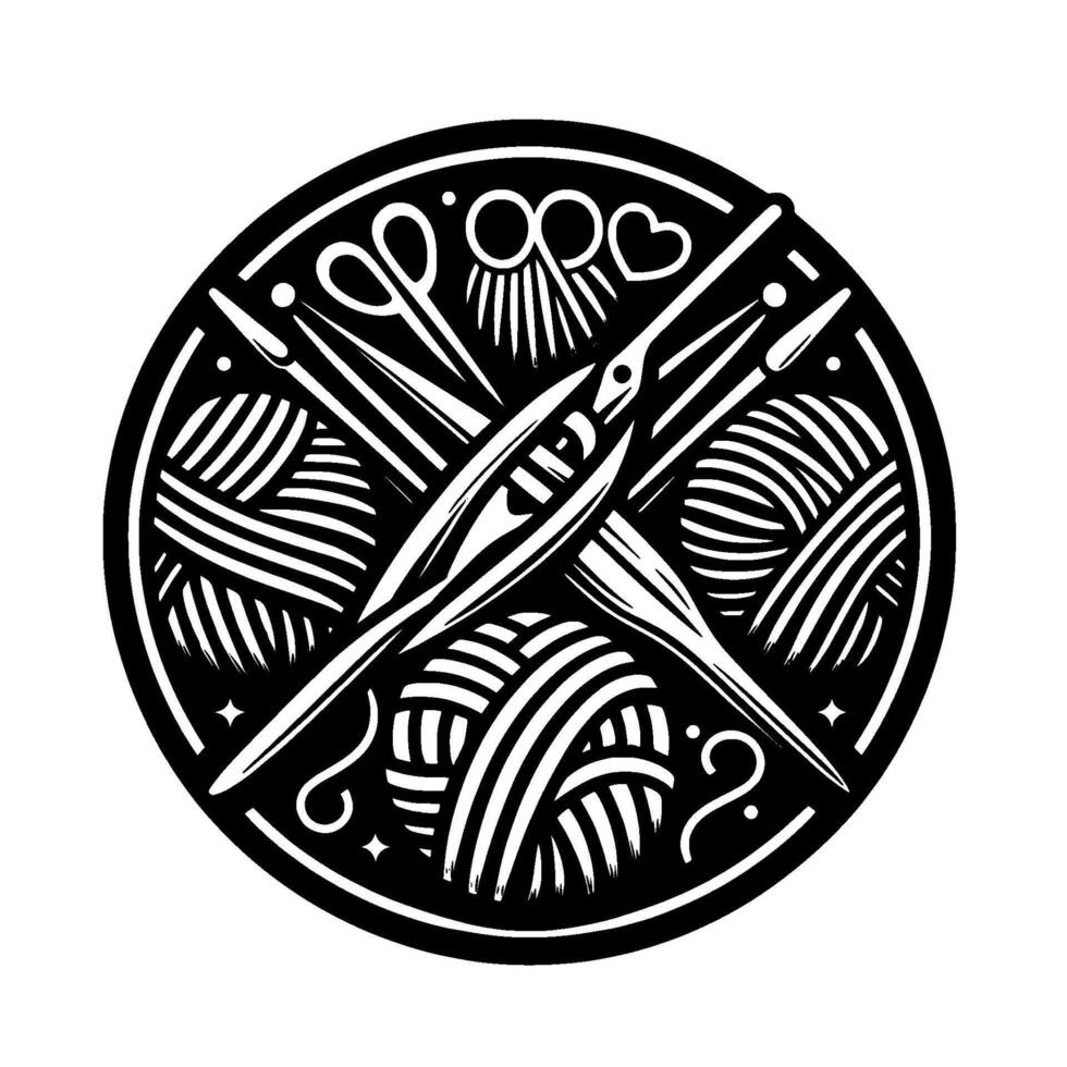 Circular Emblem Illustrating Knitting Tools, Yarn, and Needles in Black and White, with Detailed . vector
