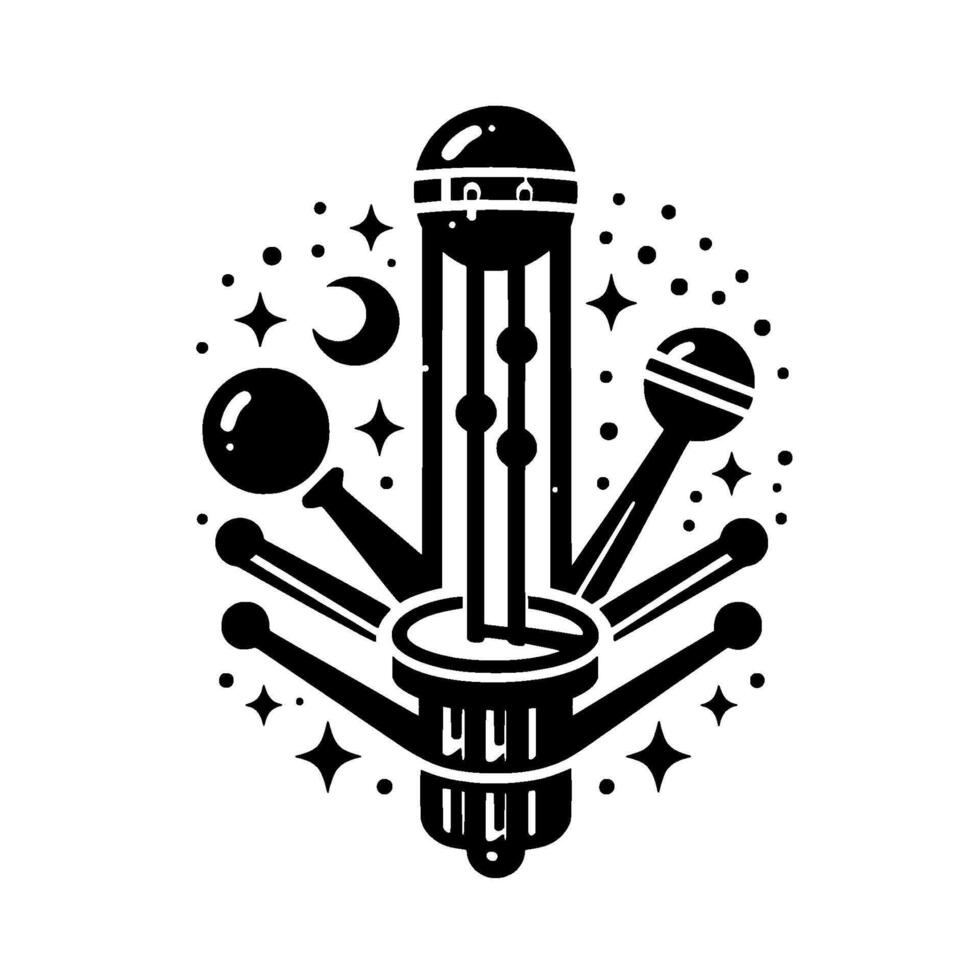 Minimalist Black and White Cosmic Emblem with Celestial Spheres, Stars, and a Central Towerlike Structure. vector