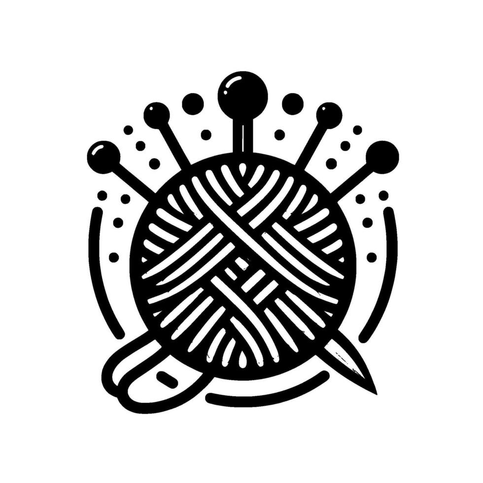 Abstract Black and White Illustration of a Yarn Ball with Needles and Pins, Emphasizing Craft and Fiber Arts with a Clean, Modern . vector