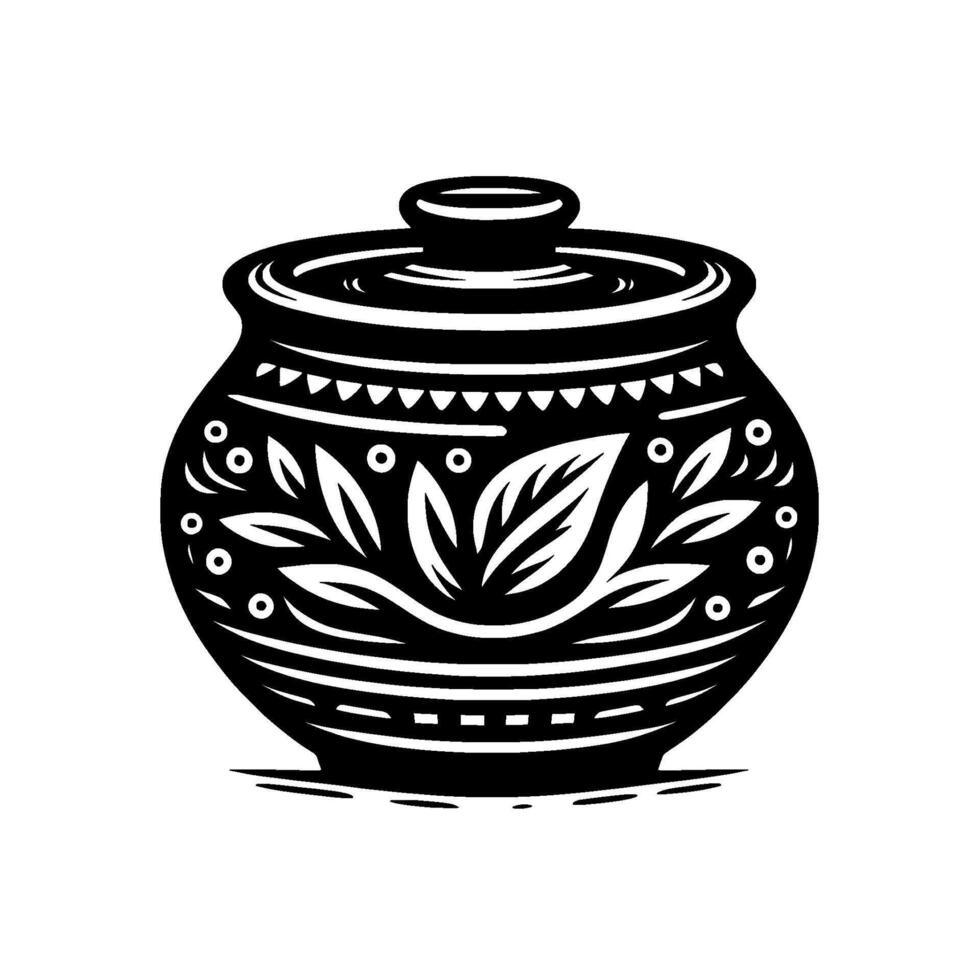 Artistic Black and White Ceramic Jar Illustration with Floral Motif and Textured Detailing, Isolated on White. vector
