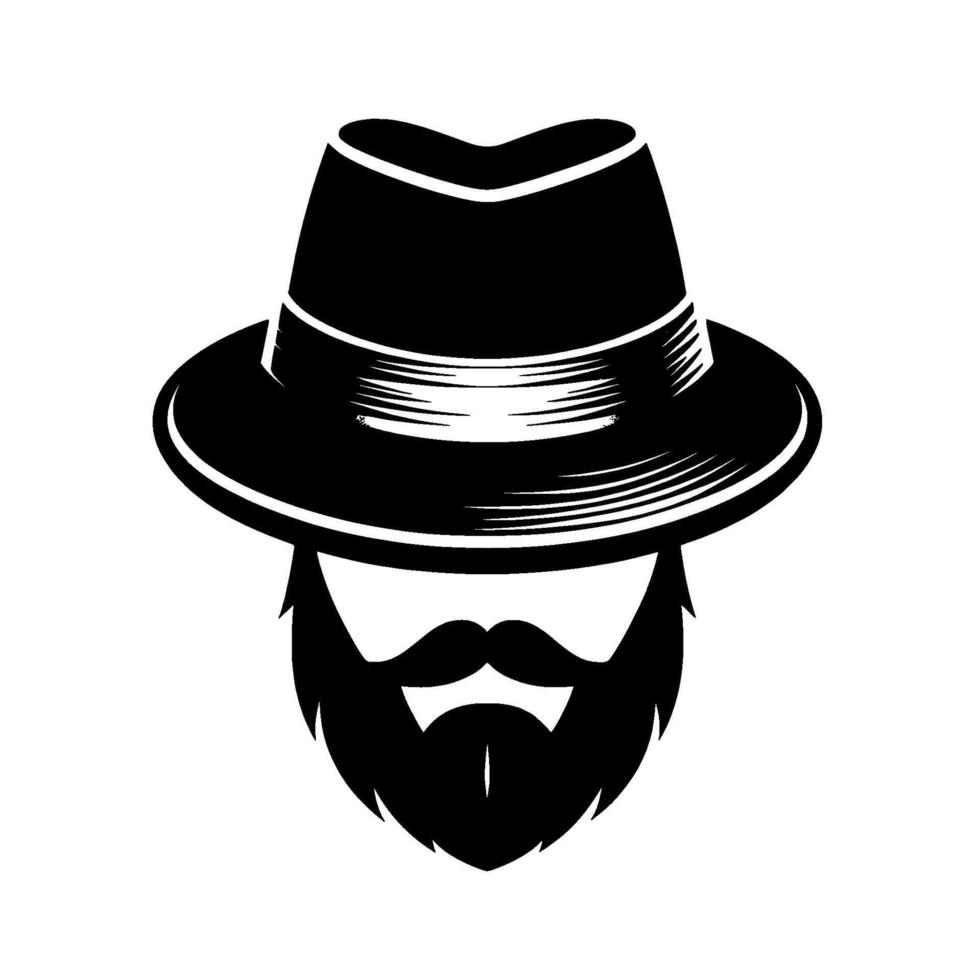 illustration of a stylized, black and white portrait featuring a fedora hat, full beard, and a classic mustache. vector