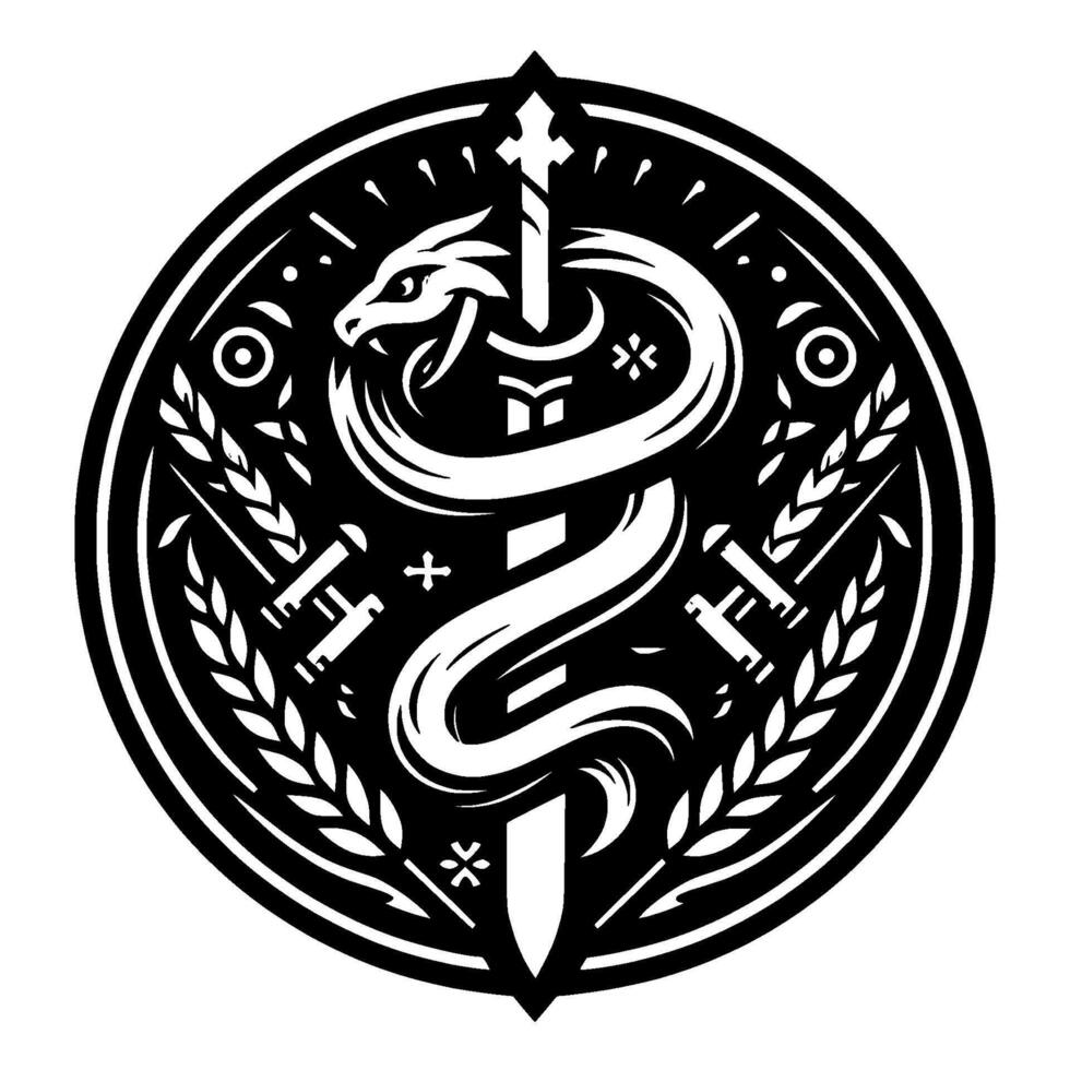 A monochrome circular emblem featuring a serpent entwined around a sword, framed by wheat and geometric shapes. vector