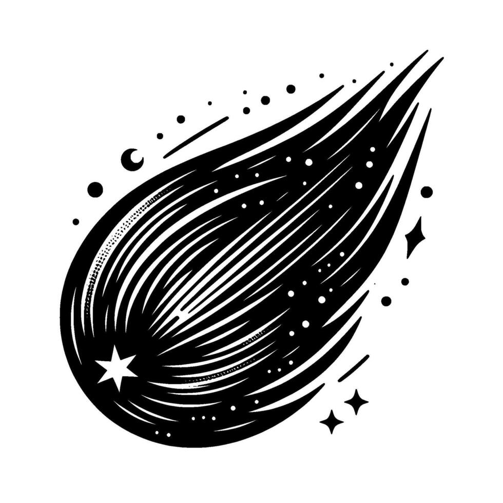 Bold Black and White Illustration of a Cosmic Comet with a Star, Crescent Moon, and Starbursts Against a White Background. vector