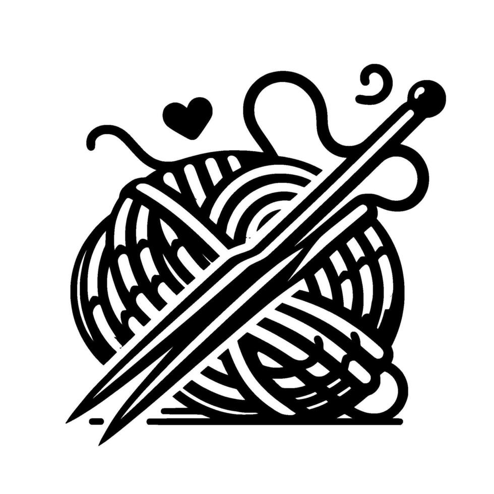 A stylized black and white illustration of a ball of yarn with knitting needles and a heart, celebrating the craft of knitting. vector