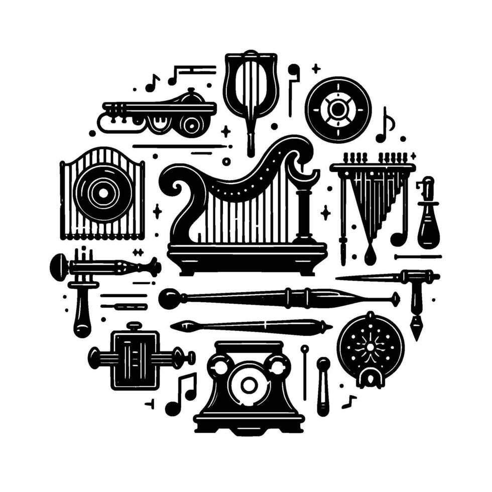 A Black and White Circular Composition Featuring Vintage Musical Instruments and Audio Devices, a Symphony of Artistry. vector