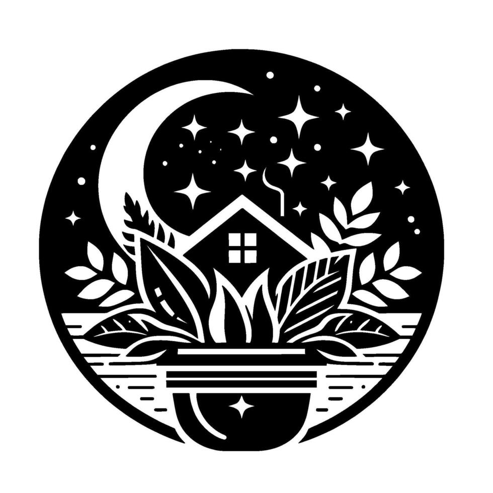 Black and white circular emblem featuring a house surrounded by plants, under a crescent moon and starry night sky, evoking a sense of tranquility and natures embrace. vector
